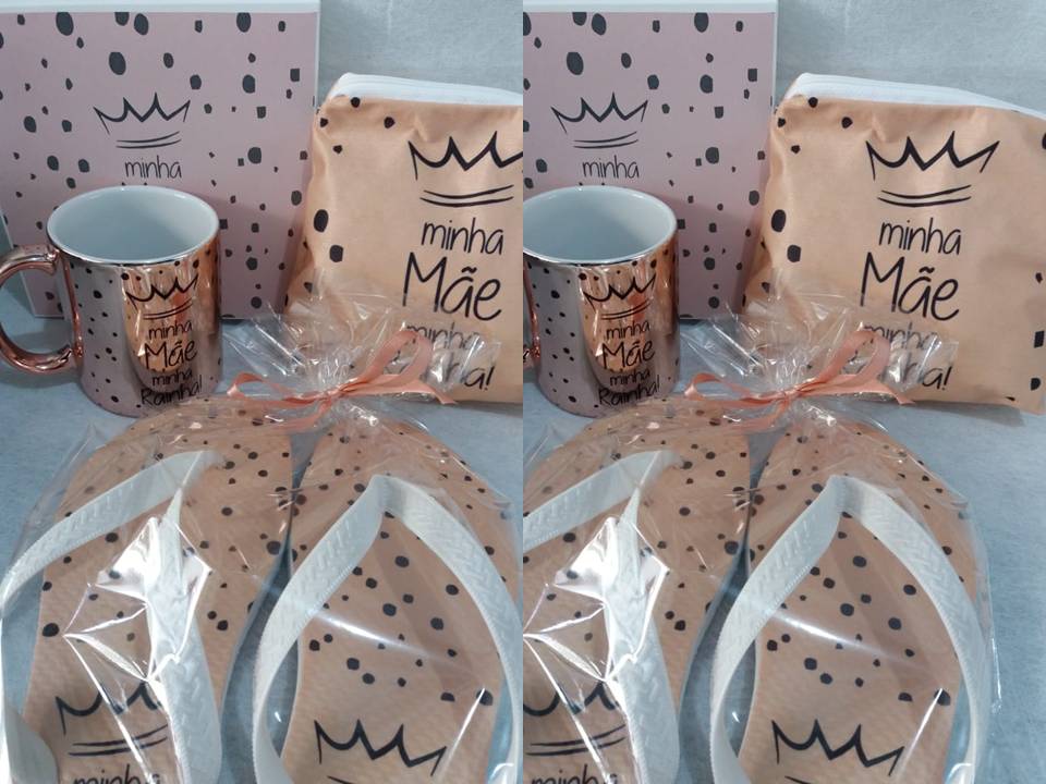Kit Dia das Mães personalizado (01 Almofada+ 01 Chinelo+01Caneca cerâmica+01 Necessaire personalizados)